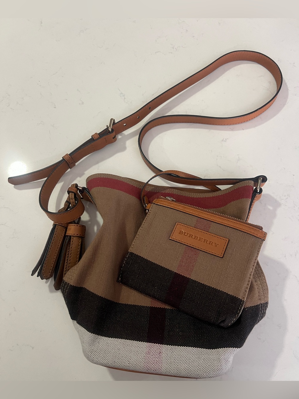 Burberry Beige, Brown and Red Check Crossbody Bag with Leather Trim
